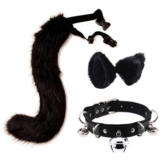 Faux Fur Cat Ears Hair Clip Furry Wolf Fox Long Tail Costume Halloween Party Neck Chocker Cosplay Set (Black)
