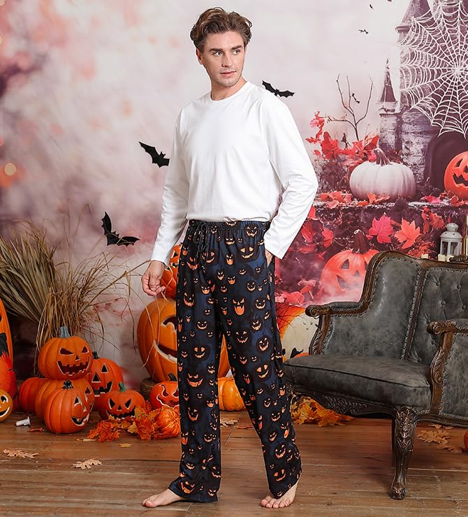 Mens Halloween Pjs Pants Men's Smile Pumpkin Pajama Bottoms Man Elastic Waist Cozy Sleeping Wear Outfits Male Black Orange Lounging with Drawstring for Holiday