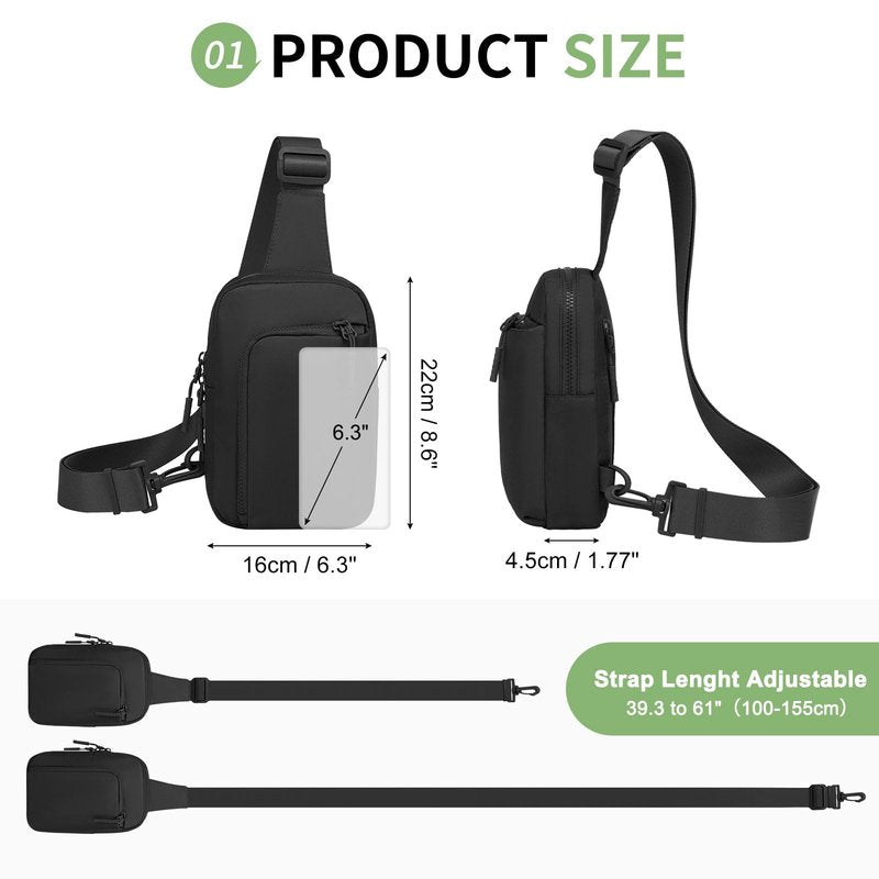 SUIKIHUM Mini Sling Bag for Men Women, Crossbody Fanny Packs Fits for 6.3" Phone, Reversible Nylon Chest Bag for Travel Running Hiking (Black)