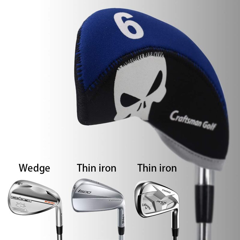 Craftsman Golf 11pcs Multi Color Skull Golf Club Neoprene Iron Head Cover Headcover Set Protector Cases (Blue & Black)