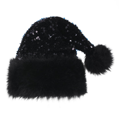 Slsxip Personalized Sequin Santa Hat for Adults, Black Glitter Christmas Party Hat, Xmas Halloween New Year Holiday Festive Headwear