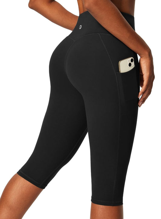 IUGA Capri Leggings for Women with Pockets Women's High Waisted Knee Length Capris Compression Yoga Pants Workout Leggings Black