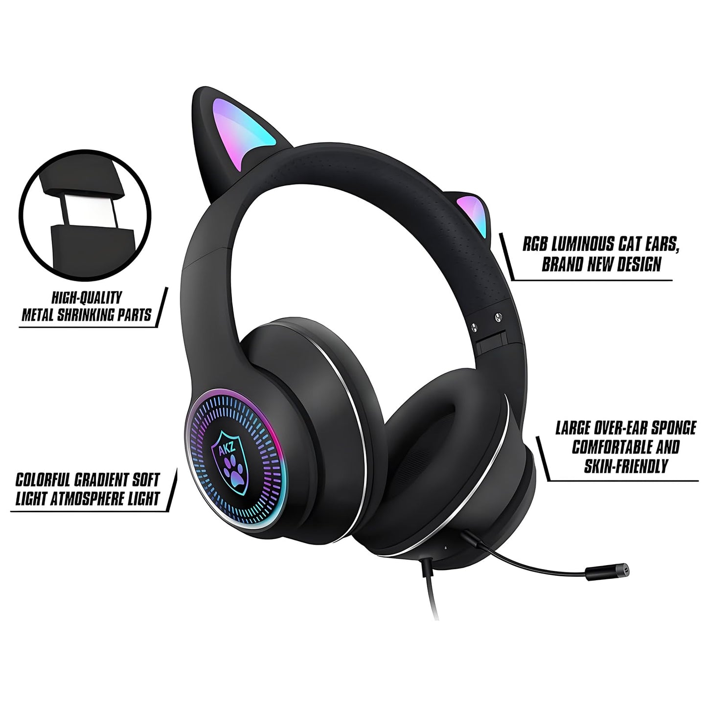 Cat Ear Gaming Headphones Wired AUX 3.5mm with LED Light, VIGROS Flashing Stereo Game Headphones Surround Sound Over-Ear Headsets with Microphone Fit Kids & Adult for PC, PS4, Switch, Mobile, Laptop