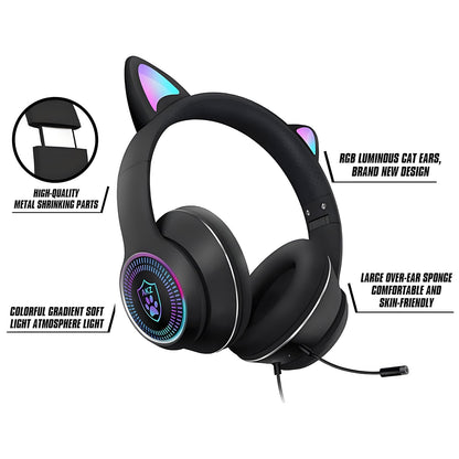 Cat Ear Gaming Headphones Wired AUX 3.5mm with LED Light, VIGROS Flashing Stereo Game Headphones Surround Sound Over-Ear Headsets with Microphone Fit Kids & Adult for PC, PS4, Switch, Mobile, Laptop