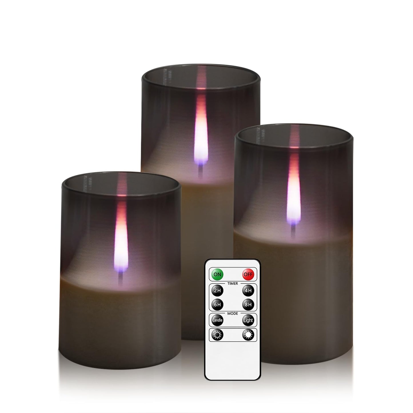 kakoya Flameless Candles Upgraded Realistic Flickering Flame,Battery Operated LED Candles with Remote Timers,Acrylic Electric Candles Set of 3(D 3" xH 4" 5" 6")（Grey）