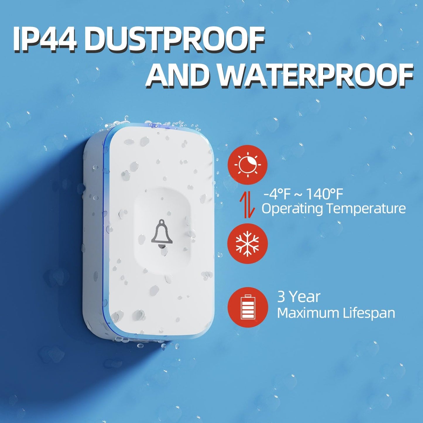 Wireless Doorbell 1200 Feet Battery Operated Wireless Doorbells for Home Hearing Impaired Doorbell at with 36 Melodies 4 Volume light（1 Button & 1 Portable doorbell White)