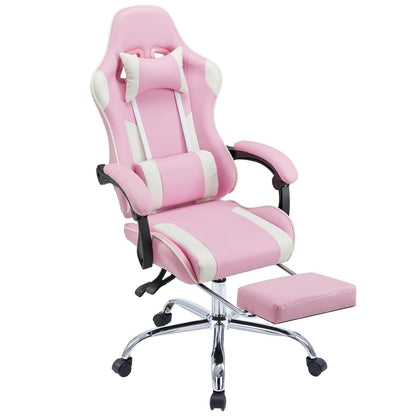 DUMOS Ergonomic Gaming Desk Chair - PU Leather Recliner with Footrest, Lumbar Support, Headrest, Fixed Armrests, Height Adjustable, 360° Swivel, Pink, for Adults