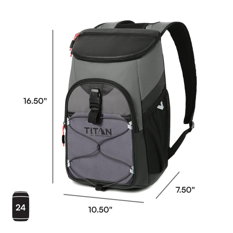 Titan by Arctic Zone Backpack Cooler, Insulated Soft Sided Bag with Leak Proof Lining and Padded Straps, for Lunch, Picnic, and Travel, 24 Can Capacity, Sharkskin Grey