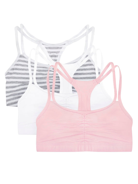 Fruit of The Loom Womens Spaghetti Strap Cotton Pull Over 3 Pack Sports Bra, Skinny Stripe/White/Blushing Rose, 40