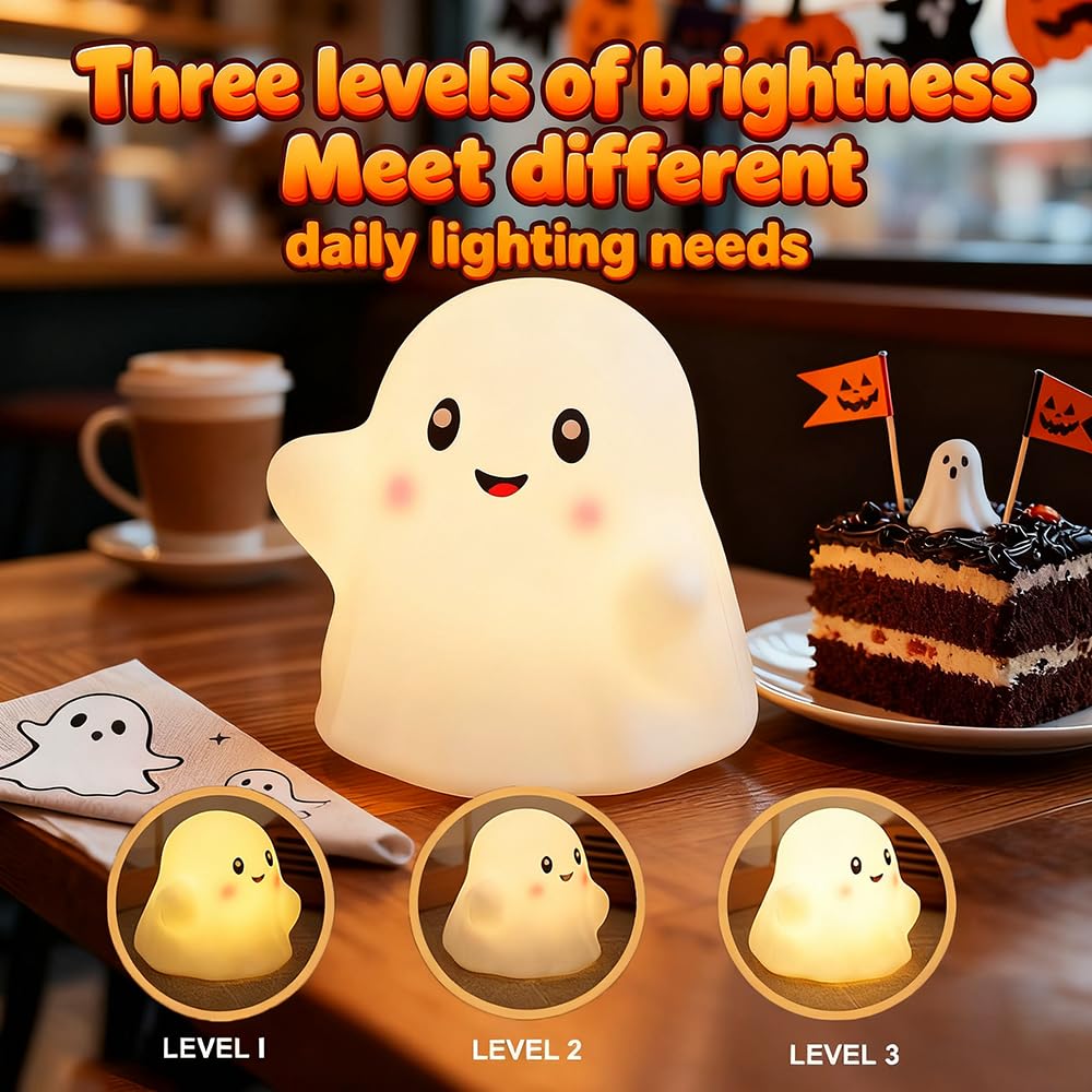Ghost Night Light for Kids, Silicone Nursery Nightlight with 13 Interactive Sound Effects ,Halloween Decor Lamp Adjustable Dimmable Lamp with Touch Sensor Children's Christmas Gifts (white ghost)