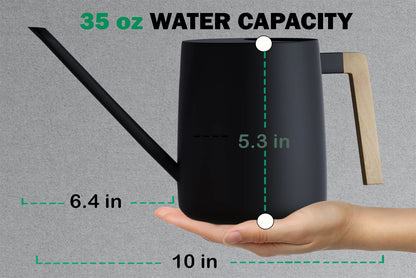 35 Ounce Metal Small Indoor Watering Can with Long Spout & Real Wood Handle for House Plants, Succulents, Cacti & Seedlings - Black Long Spout Watering Can Indoor Plants - Gentle Flow & No Spills
