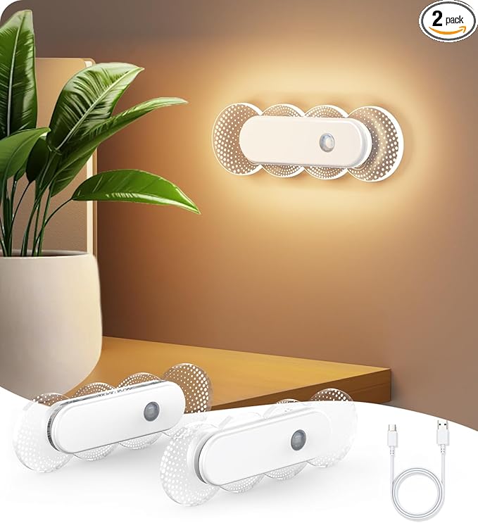 Motion Activated Night Light Rechargeable, Magnetic Stick On Lights Battery Operated, No Drill LED Sensor Night Light for Bathroom Bedroom Hallway (2 Pack)