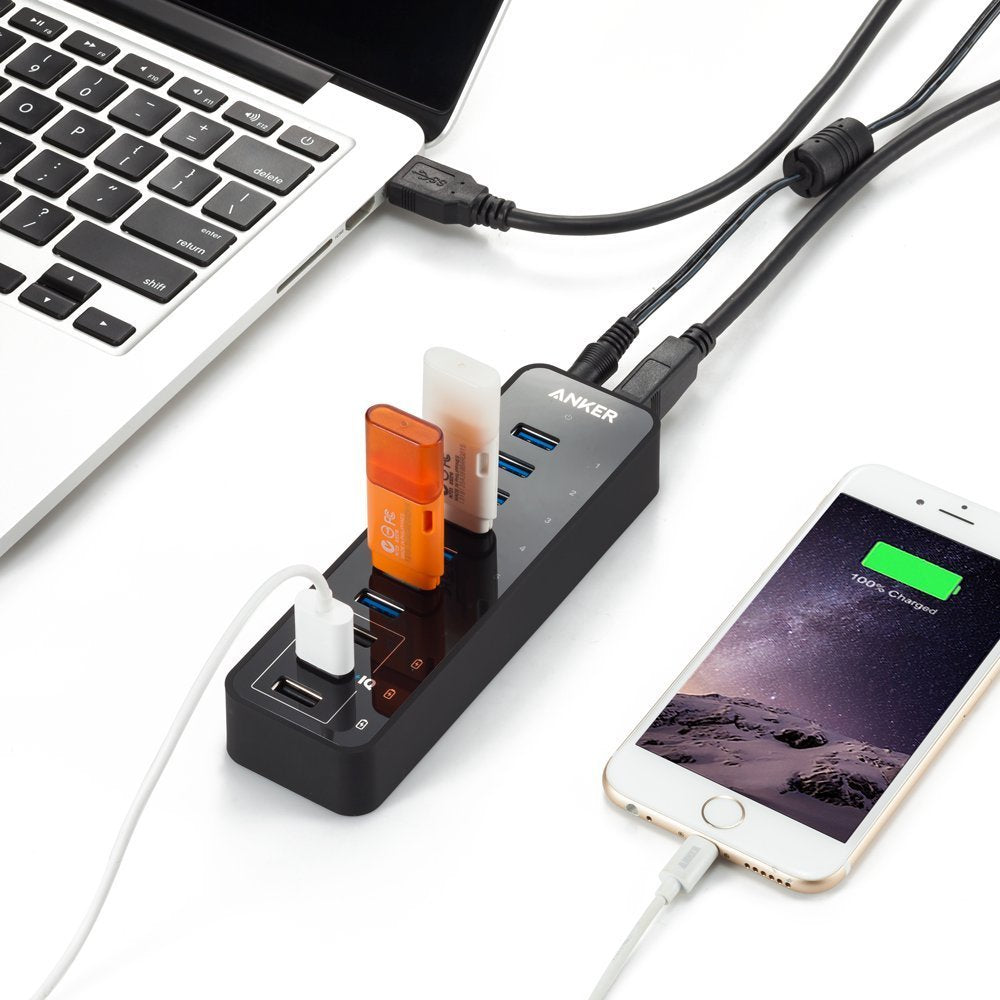Anker USB Hub, USB 3.0 Hub, 10 Port 60W Data Hub, with 7 USB-3.0 Ports, 3 PowerIQ Charging Ports, Compatible with MacBook, iMac, Dell XPS, Surface Pro, iPhone, iPad Air, Galaxy Series, Mobile HDD