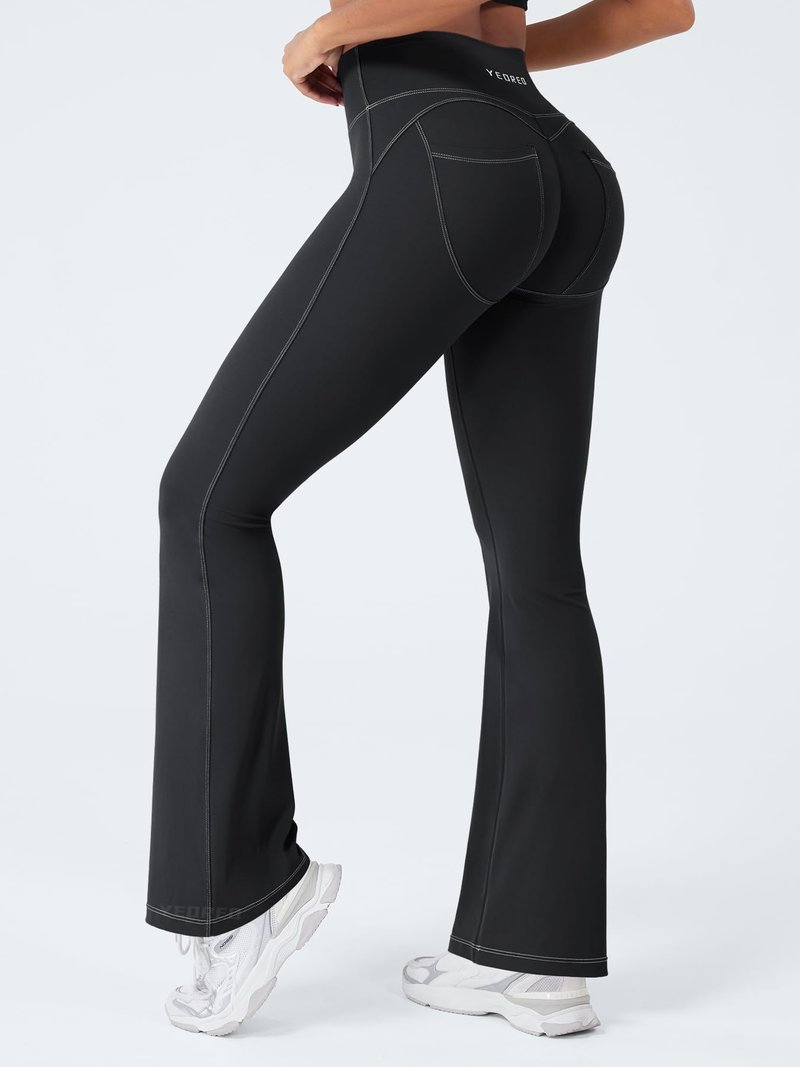 YEOREO CoreFlex Mini Flare Workout Leggings with Pockets for Women Butt Lifting High Waisted Hidden Scrunch Gym Denim Pants Black