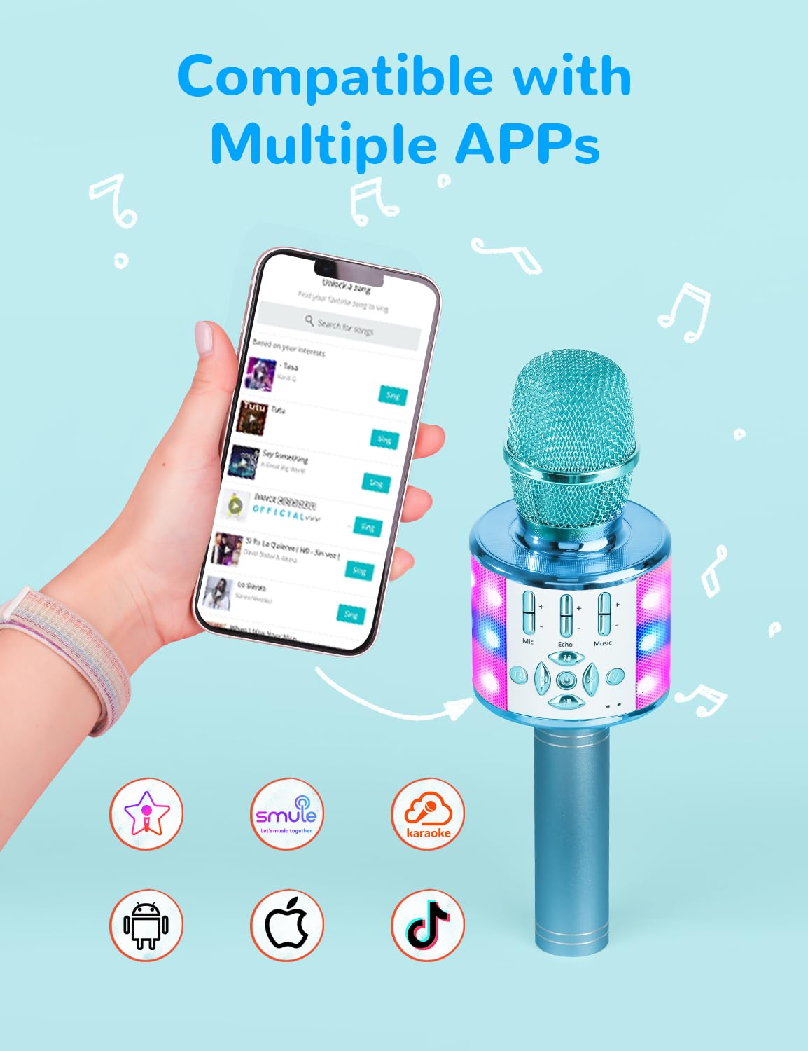 Amazmic Kids Karaoke Microphone Machine Toys for Girls Bluetooth Microphone with LED Light, Birthday Gift for Girls Boys 3 4 5 6 7 8 9 10 11 12 Year Old Kids Toys(Blue)