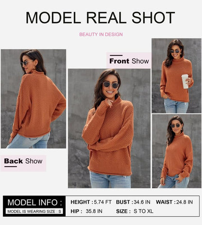 Dokotoo Fall Sweaters for Women 2025 Batwing Long Sleeve Turtleneck Sweaters Solid Autumn Basic Casual Halloween Sweaters Loose Oversized Chunky Knit Pullovers Sweaters Jumper Orange Blouses Medium