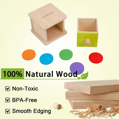 Adena Montessori Coin Box,Object Permanence Box Toys for 1 Year Old Baby Coins,Wooden Montessori Ball Drop Toys Developmental Toys for 6-12 Month Infant Toys,Learning Kids Gifts(Yellow-Green Door)