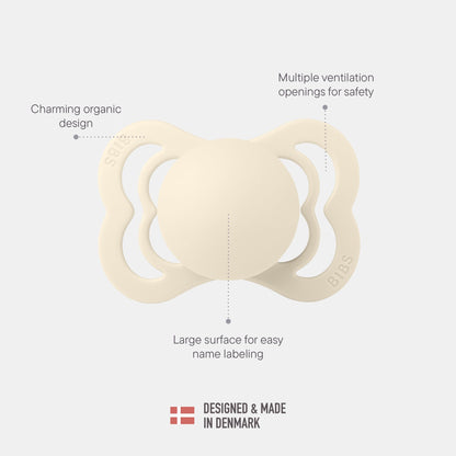 BIBS Supreme Baby Pacifier 2-Pack | Made in Denmark | BPA Free Dummy Soother, Symmetrical Nipple. Natural Rubber Latex, Size 1 (0-6 Months), Ivory / Blush