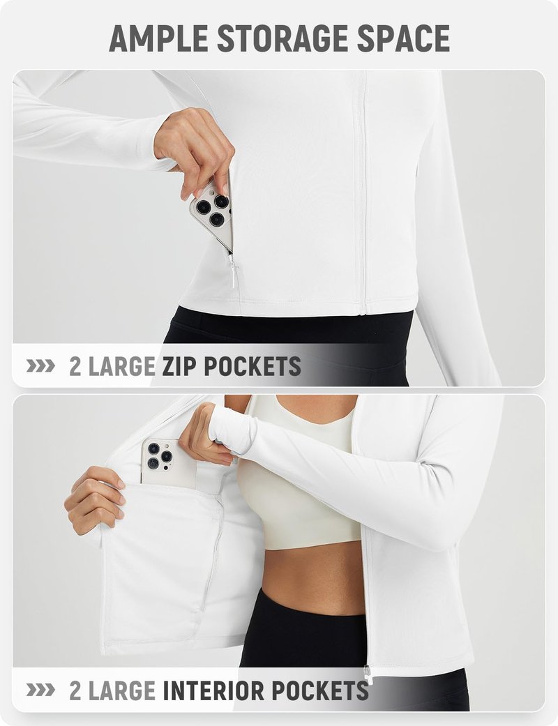 baleaf Women's UPF 50+ Sun Crop Shirt with Pockets Full Zip Cooling Quick Dry Long Sleeve Jacket for Golf Hiking Ultra White L