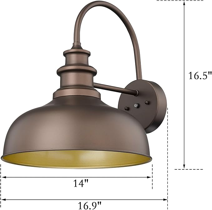 Bestshared 14 Inch Dusk to Dawn Gooseneck Barn Lights Farmhouse Outdoor Wall Sconce Industrial Exterior Wall Lighting Fixture Vintage Porch Lantern Lamp for Patio,Garage,Front Doo(ORB+Gold, 14"-2Pack)