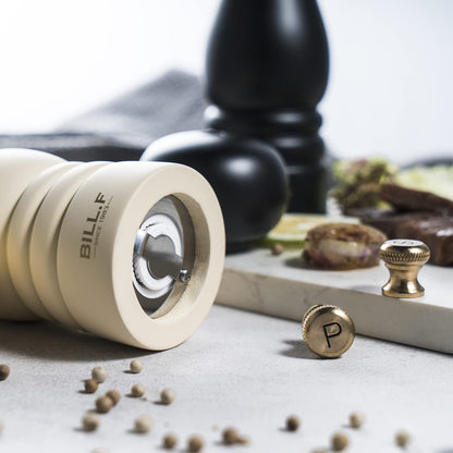 Bill.F Salt and Pepper Grinder Set, Wood Pepper Mill Set of 2 Manual Salt Pepper Shakers Grinder Refillable 7 Inch with Adjustable Ceramic Grinding Rotor（Black and Beige）