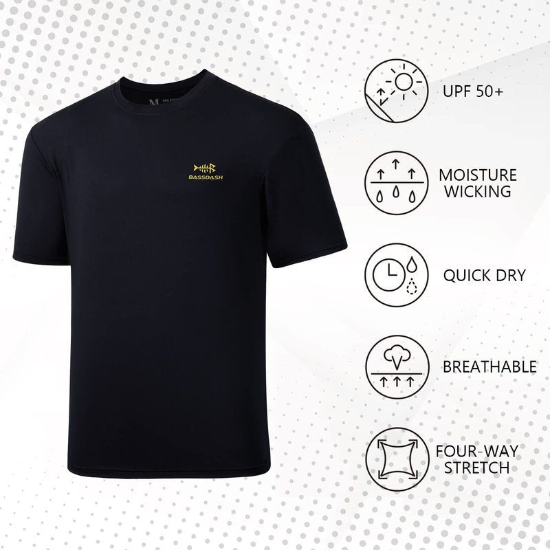 BASSDASH Men’s UPF 50+ Short Sleeve Fishing Shirts Performance Cooling UV Sun Protection Hiking T-Shirts Black