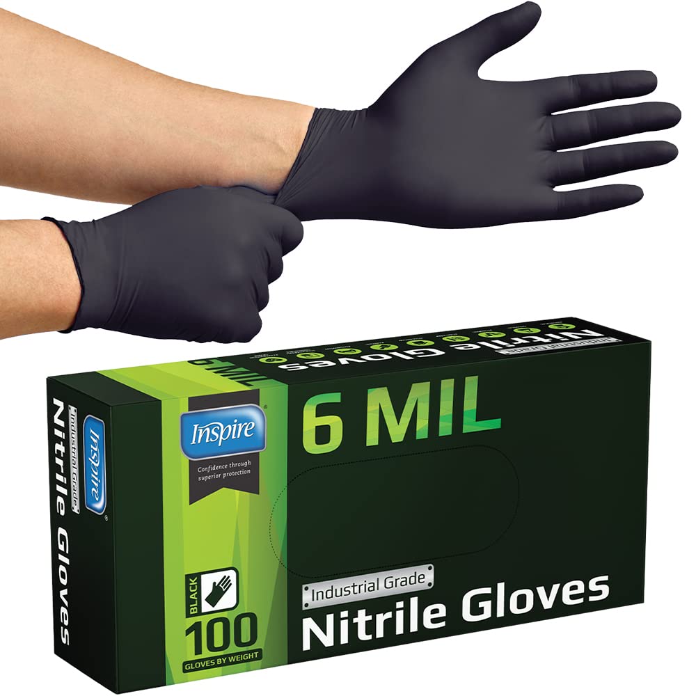 Inspire Black Nitrile Gloves HEAVY DUTY 6 Mil Nitrile Chemical Resistant Medical Cooking Cleaning Disposable Black Gloves