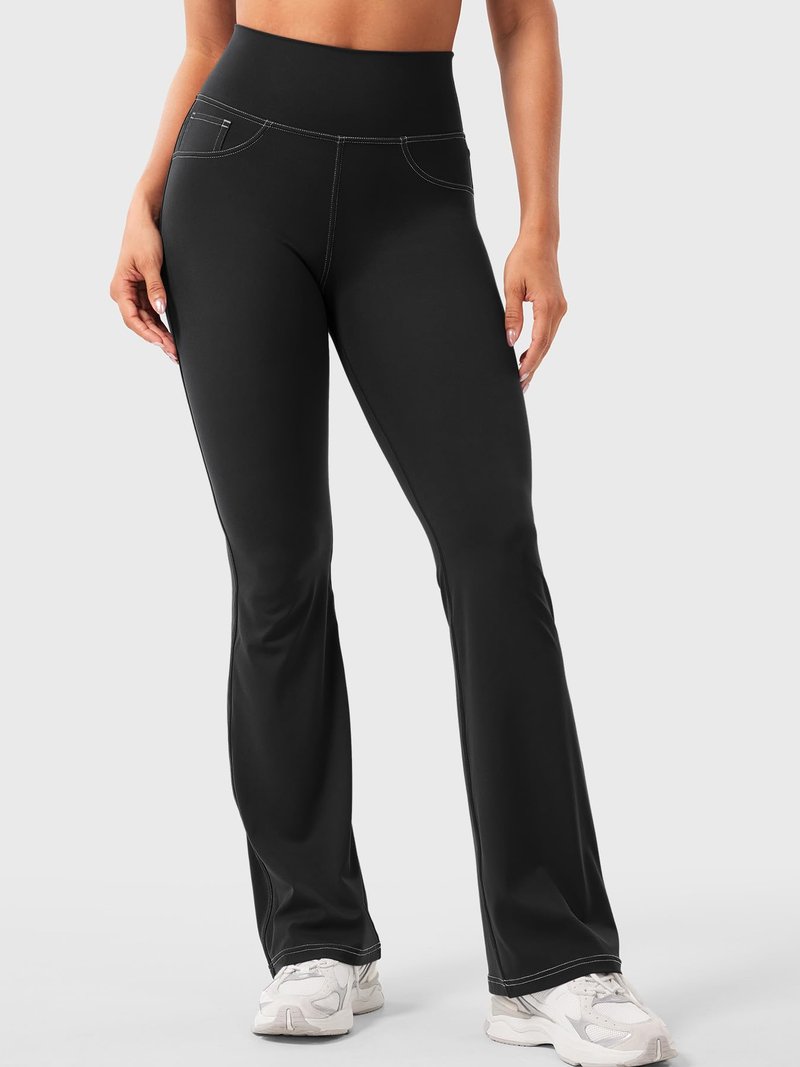 YEOREO CoreFlex Women Workout Mini Flare Leggings with Pockets Hidden Scrunch High Waisted Cargo Gym Casual Denim-Look Yoga Pants Black L