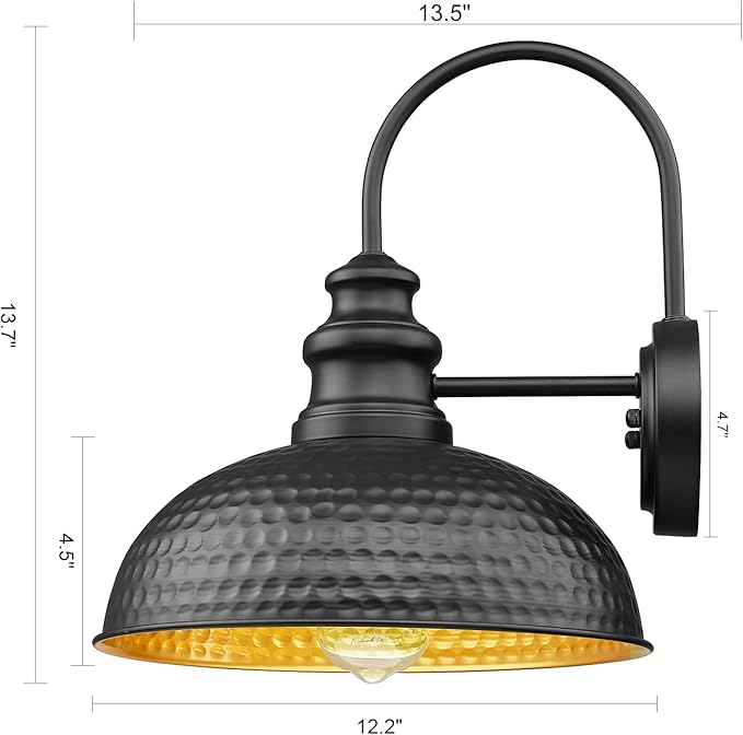 Dusk to Dawn Farmhouse Outdoor Barn Light Fixtures, 12 Inch Dome Gooseneck Exterior Wall Lights, Rustic Outdoor Wall Sconces Outside Wall Mount Lantern with Bead Shape for Porch, Garage, Doorway