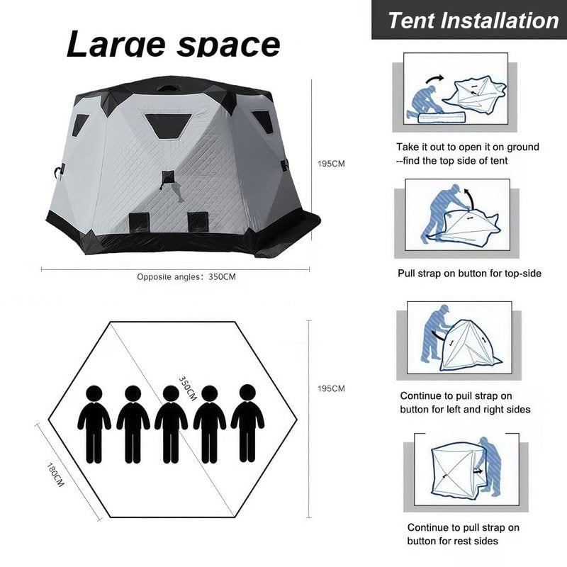 Quick-Opening ice Fishing Tent, 420D Hexagonal Insulated Tent, Accommodates 6-8 People; Portable ICES Grey ice Fishing hut with Stove and Chimney Floor, Ideal for ice Fishing and Winter Camping