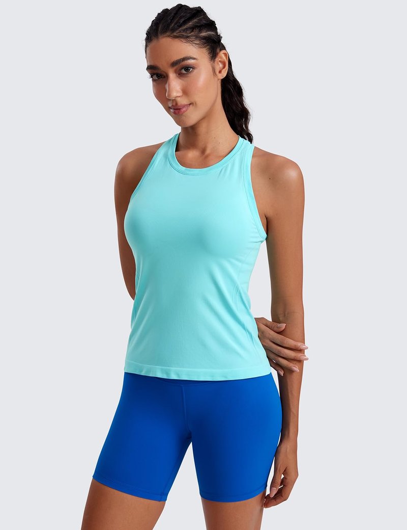 CRZ YOGA Seamless Workout Tank Tops for Women - Athletic Running Gym Sleeveless Shirts Crewneck Racerback Breathable Turquoise XX-Small