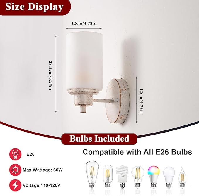 2 Pack Indoor Wall Sconces, Bath Vanity Light Fixtures Wall Mounted Lighting with White Frosted Glass Shade, White and Gold Color Bathroom Wall Lights Bedroom Porch
