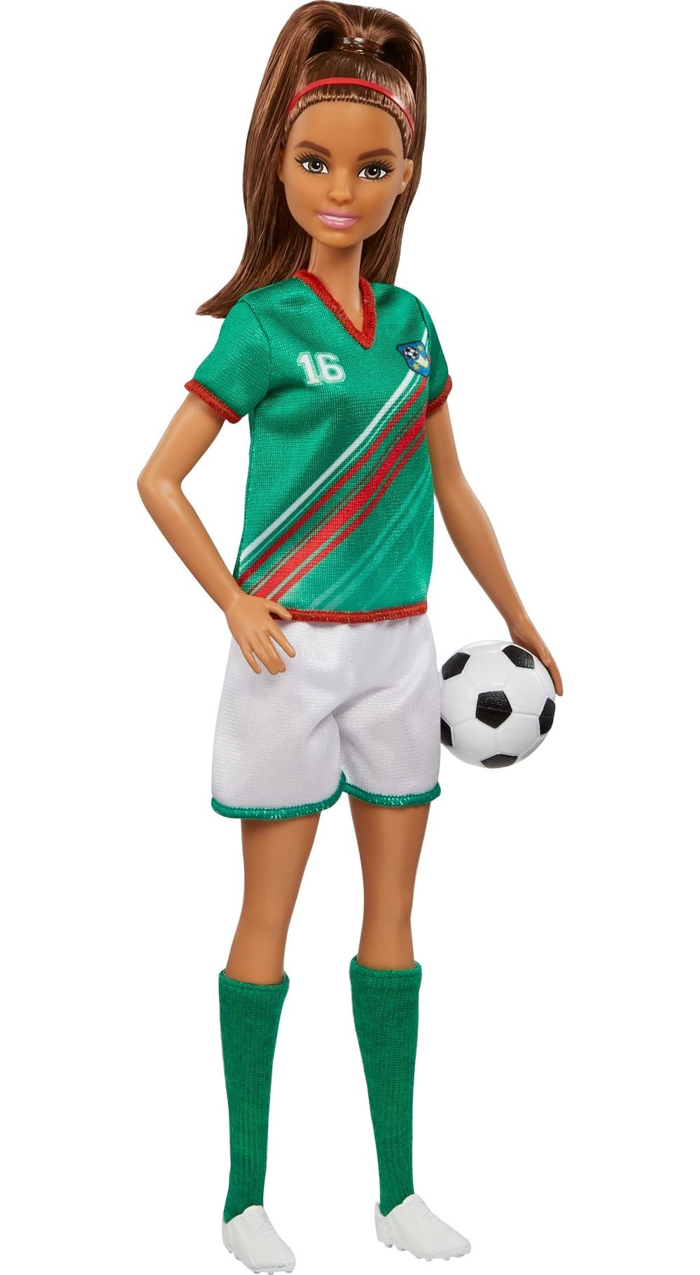 Barbie Careers Fashion Doll & Accessory, Soccer Player with Brunette Ponytail, #16 Uniform, Tall Socks, Cleats & Ball