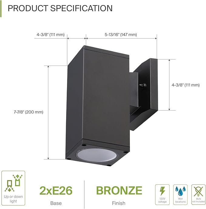 ASD 1 Light Square Outdoor Wall Light Fixture | 60W E26 Socket 120V ETL Cylinder Up Down Lights | LED/CFL/Incandescent Bulb Exterior Wall Sconce | Front Door, Porch, Patio Lighting | Bronze, 6 Pack