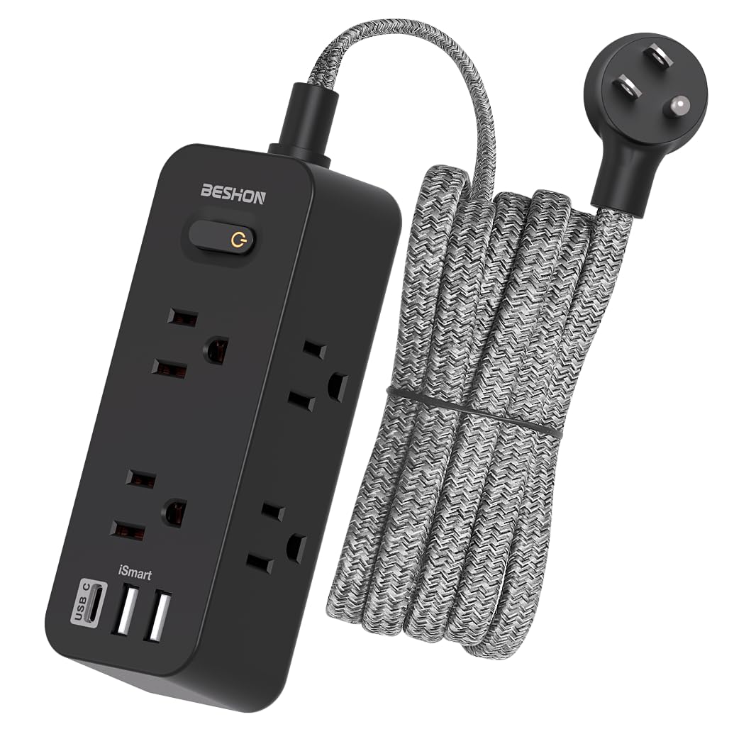 Power Strip Surge Protector, BESHON 5Ft Extension Cord, 6 Outlets with 4 USB Ports (2 USB C Outlet), 3-Side Outlet Extender, Wall Mount, Compact for Travel, Home, School, College Dorm Room and Office