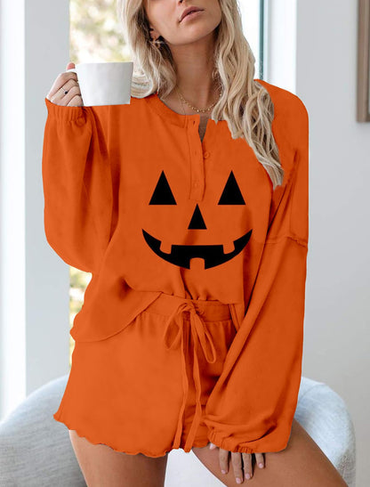 Halloween Pjs Womens Ruffle Long Sleeve Tops and Short Sets Pumpkin Halloween Pajamas BP L