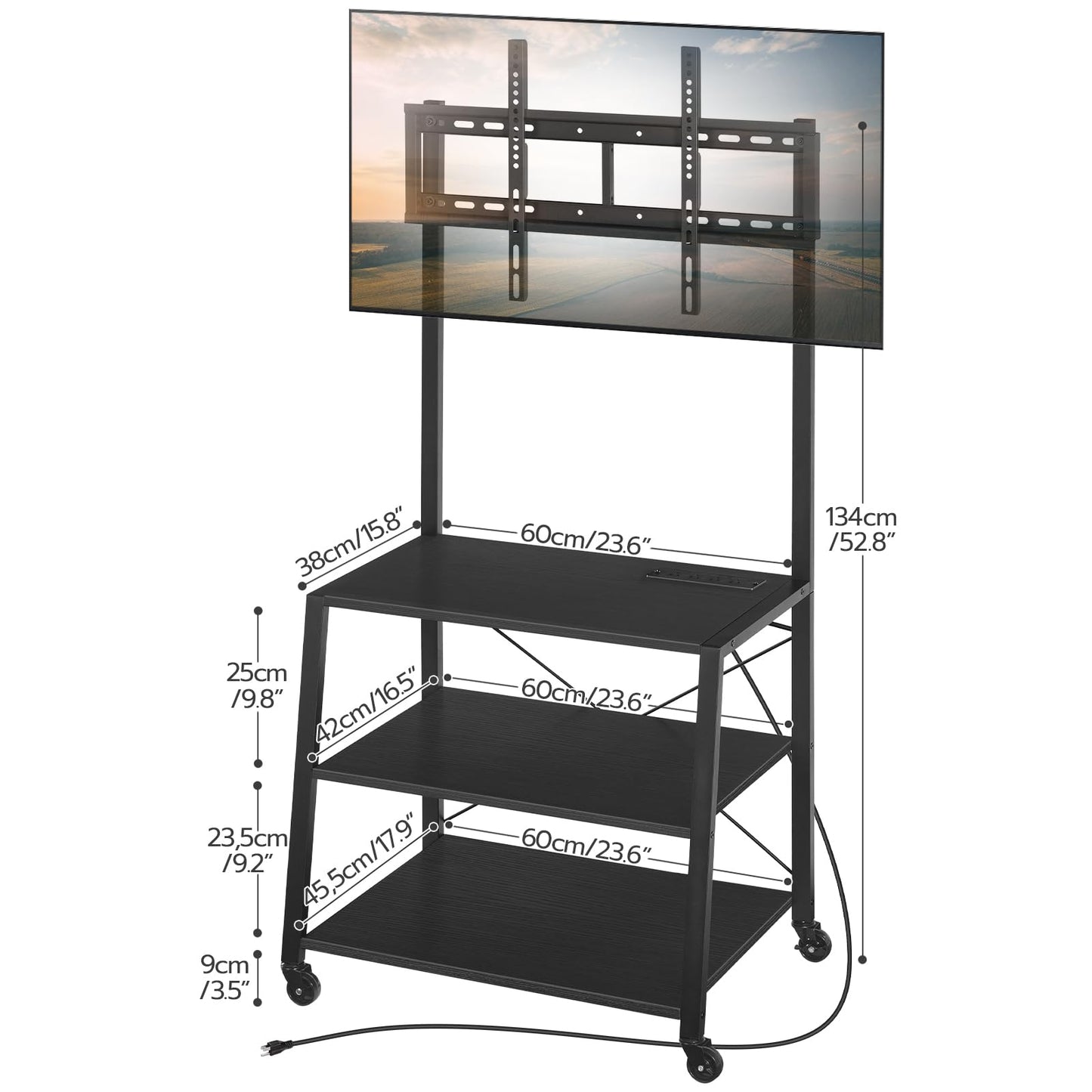 HOOBRO Rolling TV Stand with Mount and Power Outlet Up to 55 inch TV, Corner Entertainment Center, Small TV Stand with 3-Tier Storage Shelves for Living Room, Bedroom, Rustic Brown and Black BF66UDS01
