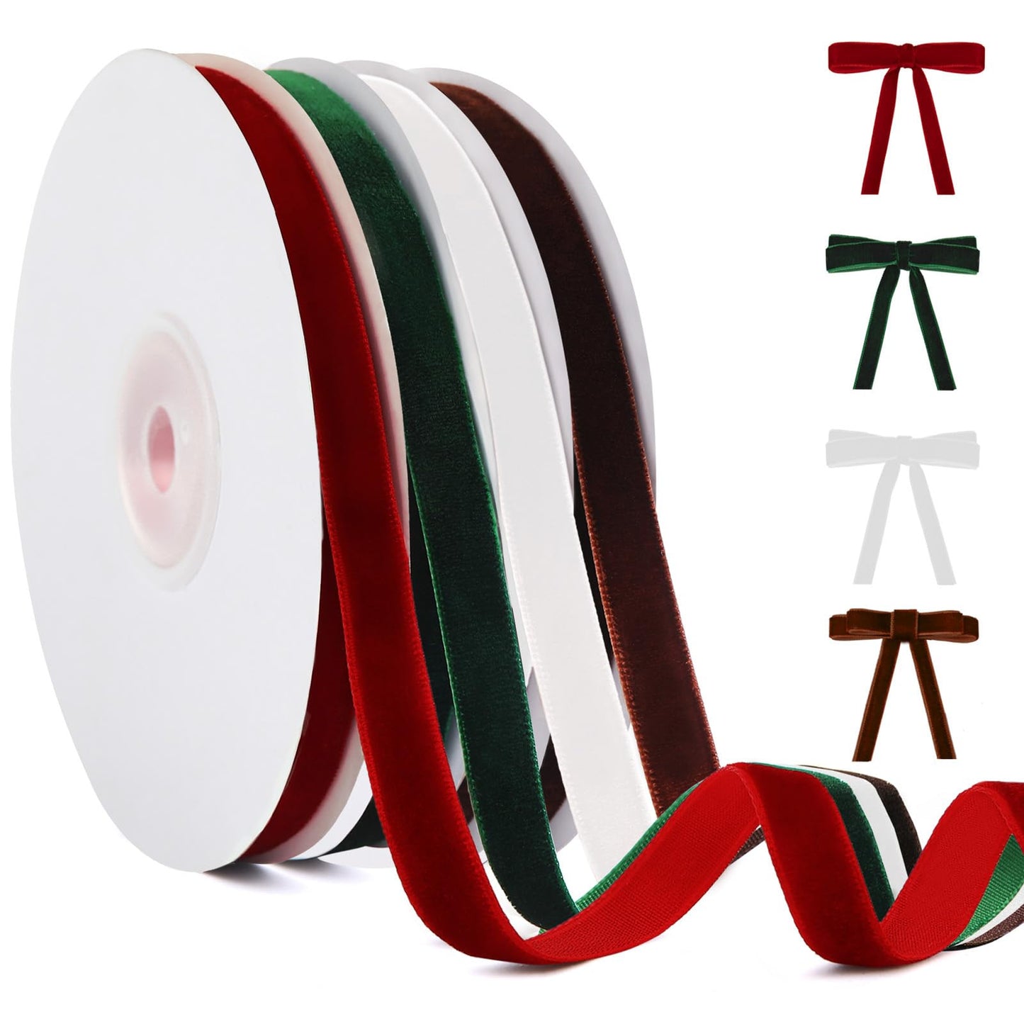YANGTE 4 Colors Velvet Ribbon Set, 3/8" x 40Yard Premium Christmas Velvet Ribbon for Gift Wrapping, Christmas Tree Ornaments Handmade Crafts Bow Making（Red,Green,White,Brown）