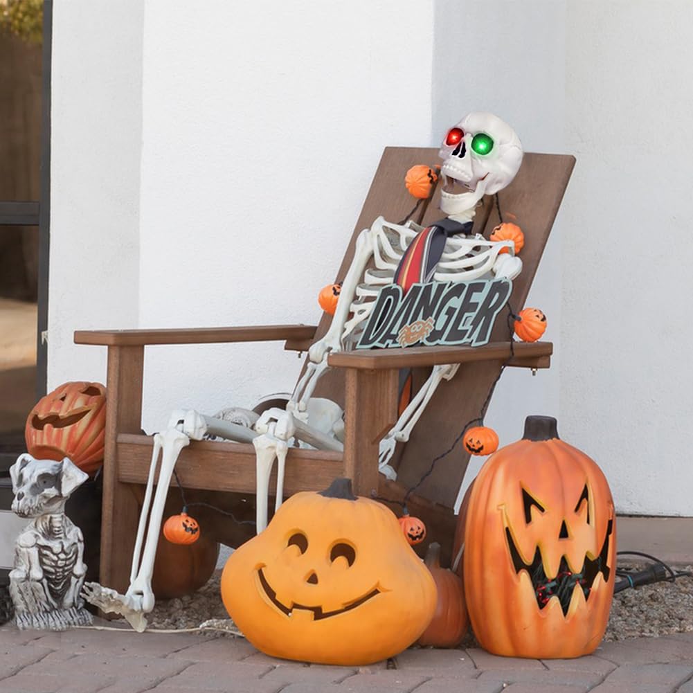 CAMIRUS 5.4FT Full Size Halloween Skeleton, Life Size Posable Skeleton with Glowing Eyes Scary Sound, Plastic Skeleton with Movable Joints for Halloween Decoration