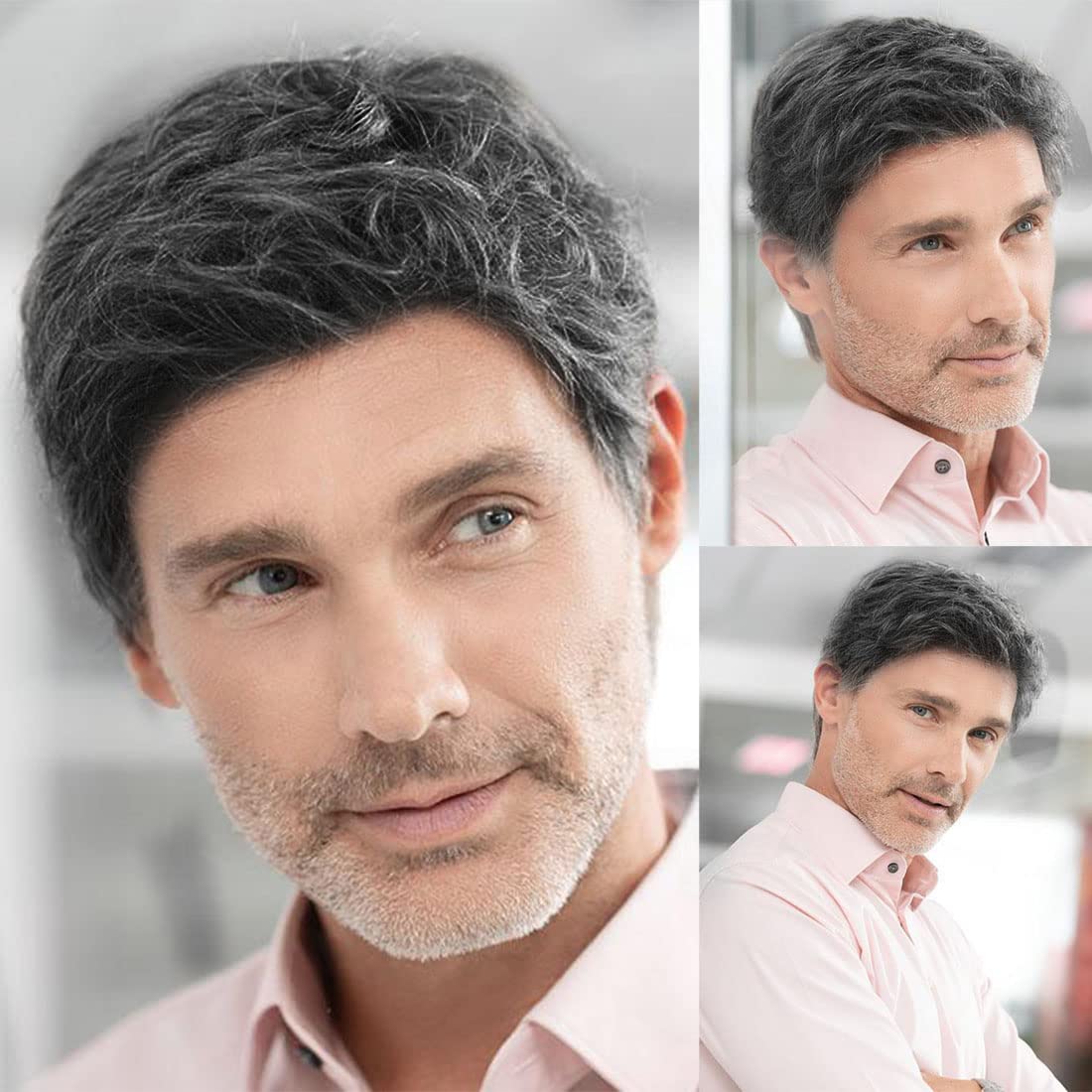 Sallcks Mens Short Black Grey Wig Natural Layered Costume Halloween Wigs Synthetic Heat Resistant Hair Replacement Wigs for Male Guys (Black Mixed Grey)