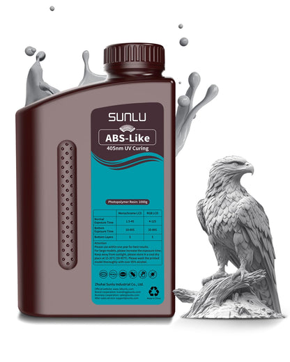 SUNLU ABS Like Resin for 3D Printer 1KG, 405nm UV Curing Photopolymer Rapid 3D Resin for 2K 4K 6K 8K LCD/DLP/SLA 3D Printers, Non-Brittle & High Precision & Low Shrinkage, 1000G, Grey