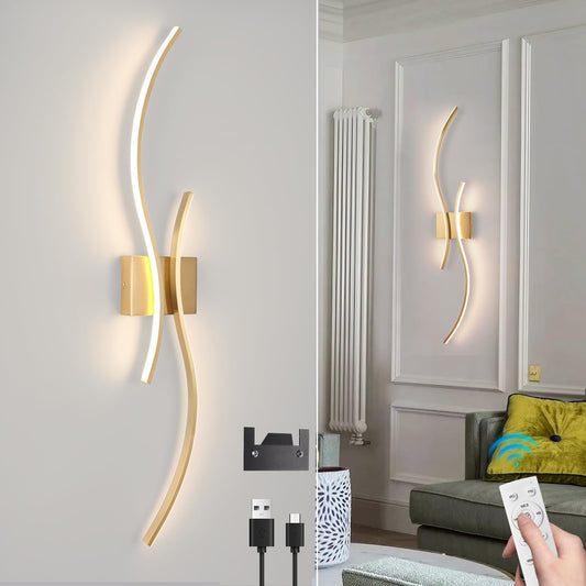 CANEOE Battery Operated Wall Sconces with Remote Control,10000mAh USB Rechargeable Gold Wall Light,3000K-6000K LED Wireless Wall Lamp for Bedroom,Hallway,Background Wall,31.5inch,1 Pack