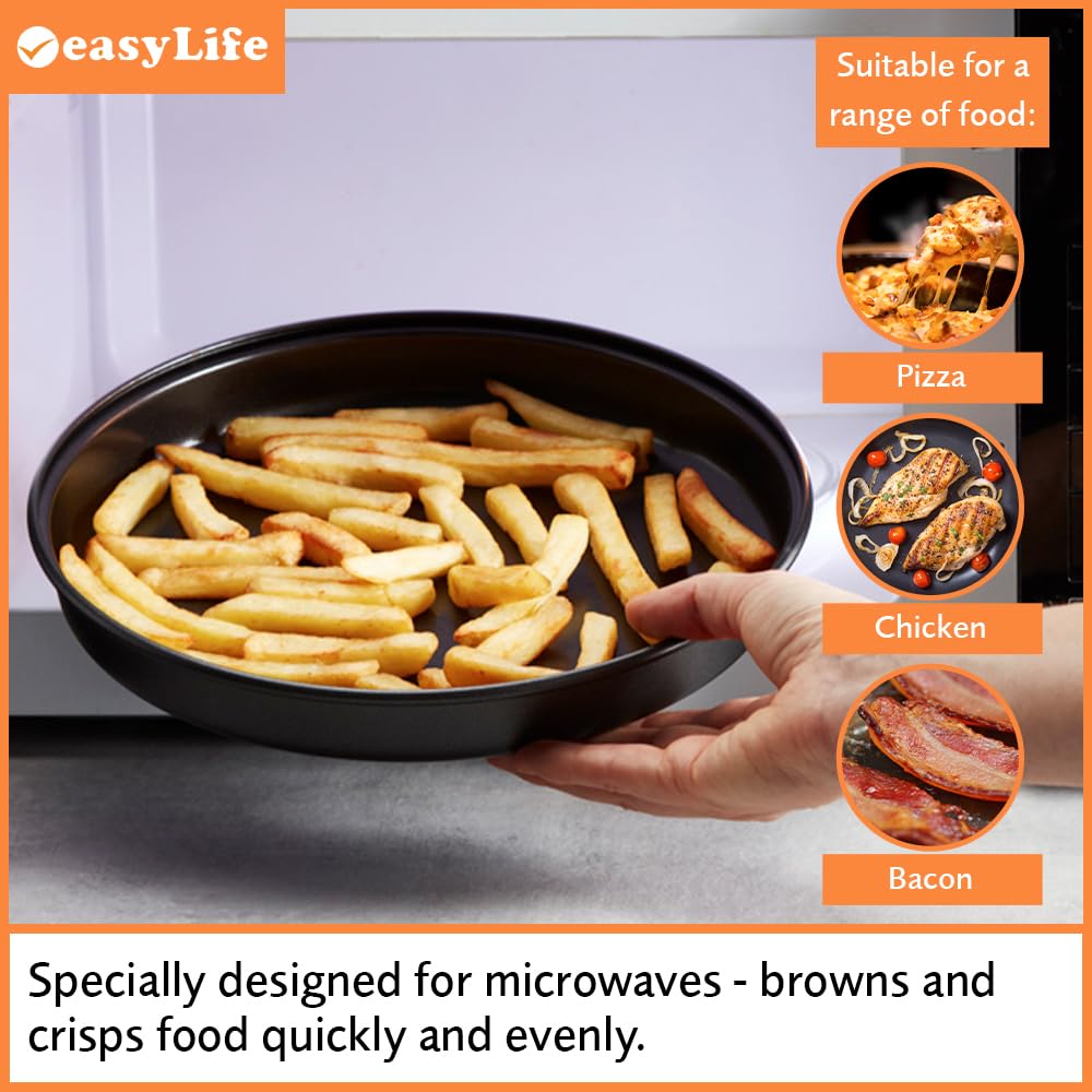 Easylife Microwave Chip Pan, 25cm Non-Stick Microwave Dish for Oven Chips, Omelettes, Bacon and Pizza, Microwave Cookware, Dishwasher Safe | Black