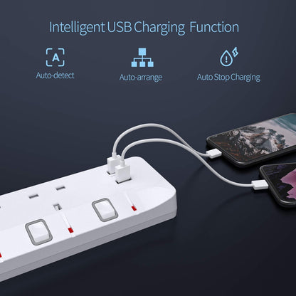 PIBEEX Extension Lead with 4 Way Plug Sockets, Wall Mountable Extension Socket with Individual Switches and 2 USB Charging Ports, 13A 3250W, 2M Extension Cord