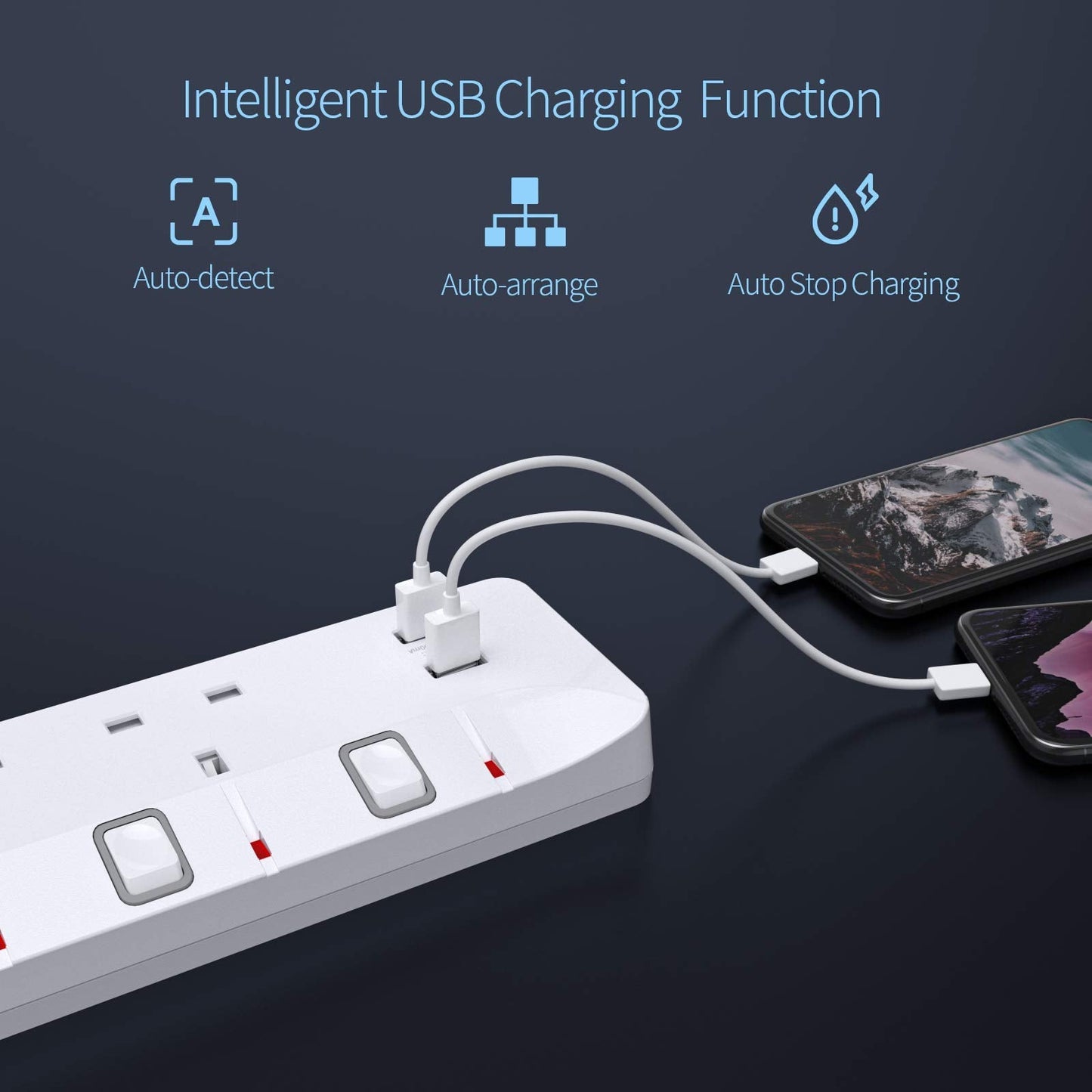 3M Extension Lead with USB Slots, 4 Way 2 USB Extension Socket with Individual Switches Mountable Power Strips with 3M Extension cable 3250W