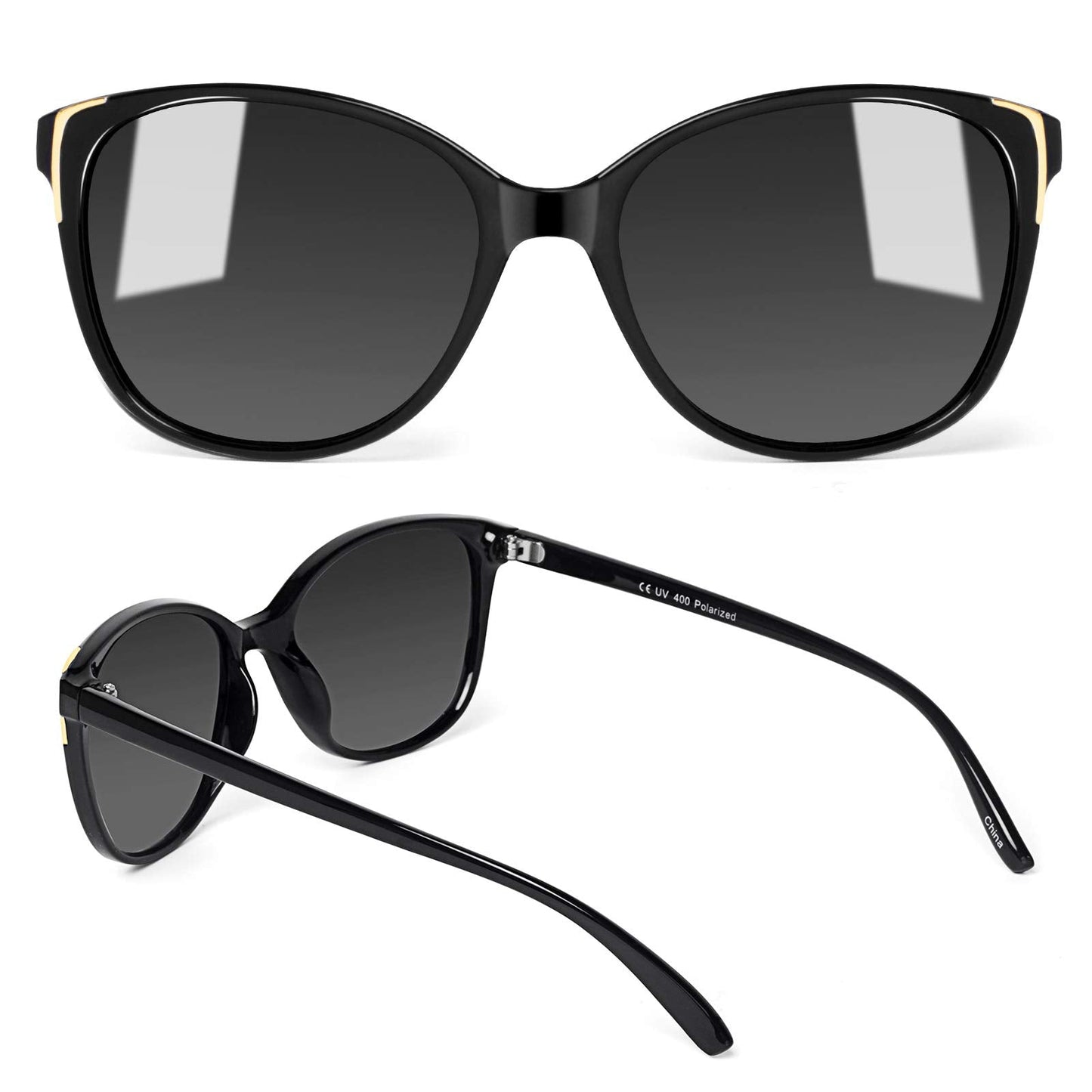 Face Shadow Cat Eye Sunglasses for Women Polarized Fashion Metal Decoration Ultralight UV400 Protection Black