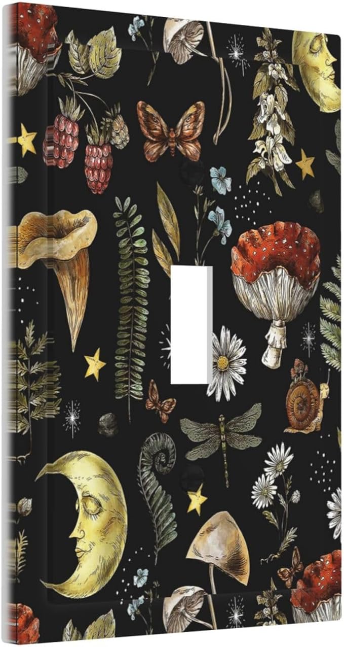 Nature Plant Botanical Daisy Mushroom Snails And Moon Single Toggle Light Switch Plates Cover Decorative 1 Gang Wall Plate Electrica Faceplate for Bathroom Bedroom Decorate Accessories