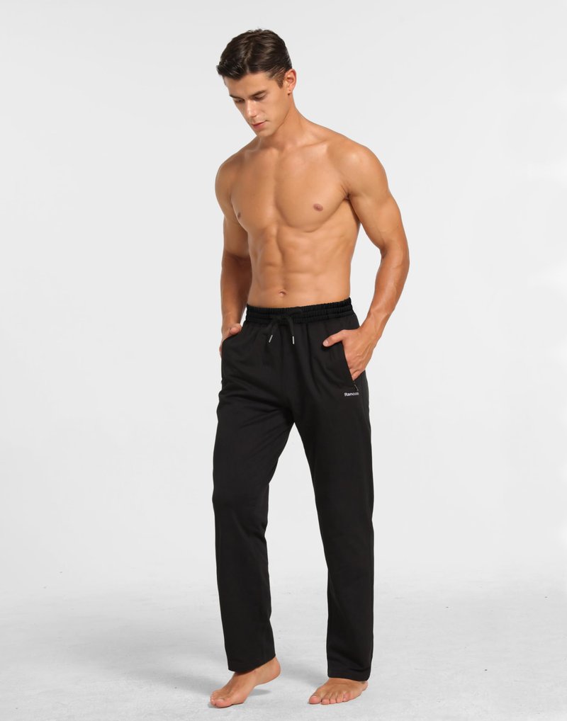 Men's Sweatpants Cotton Yoga Pants Casual Jersey Pants for Men Open Bottom Straight Leg with Zipper Pockets BK Large