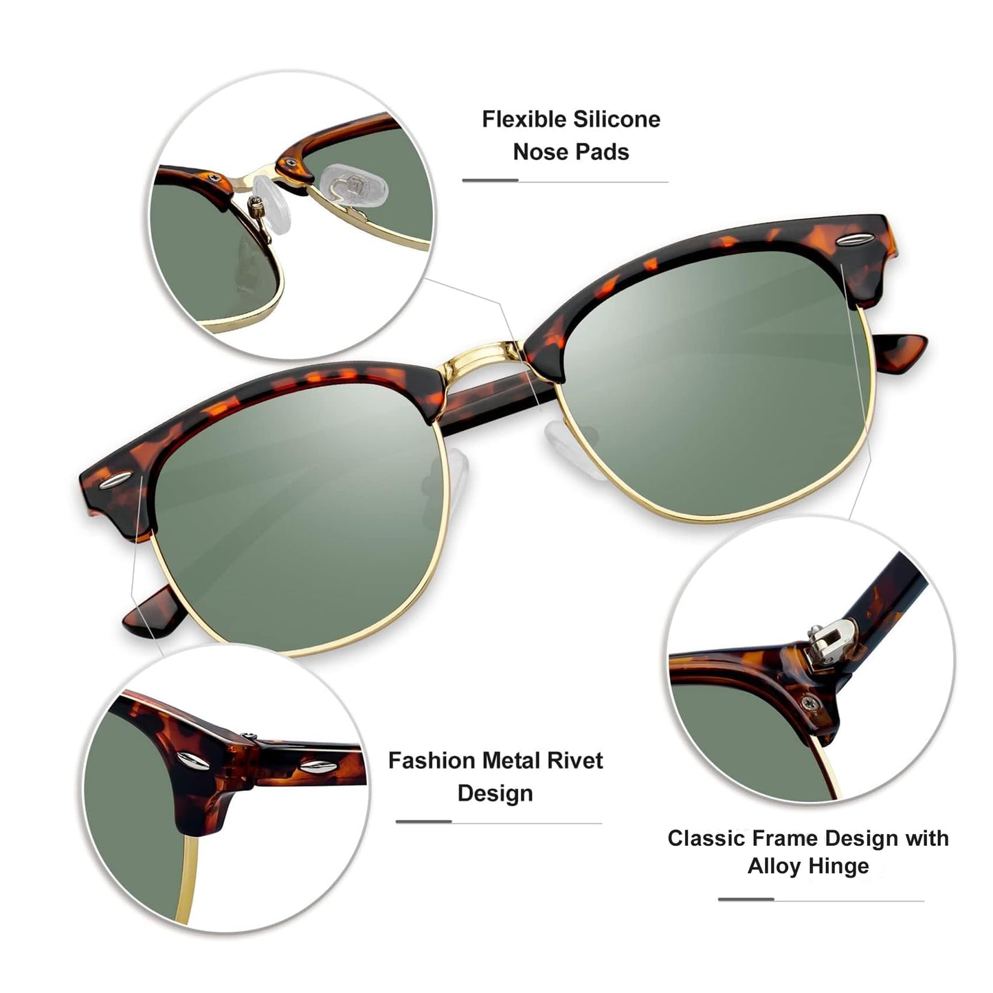 KANASTAL Dark Green Sunglasses Mens Polarised Womens Half Framed Horn Rimmed Sun Glasses Square Female Retro Semi Rimless Browline - Tortoiseshell Green Lens