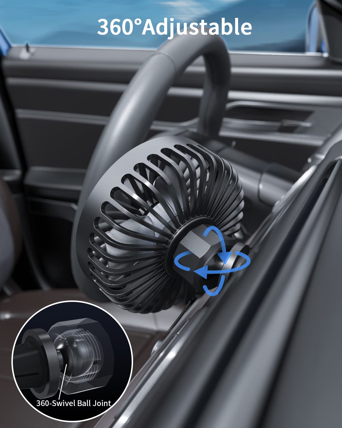 TriPole Car Fan USB Powered - Powerful 3 Speed, Portable Cooling Clip Fan for Car Vent, Quiet Brushless Motor, 360 Degree Rotatable, Air Circulation for Vehicle, Van, Truck, SUV, RV